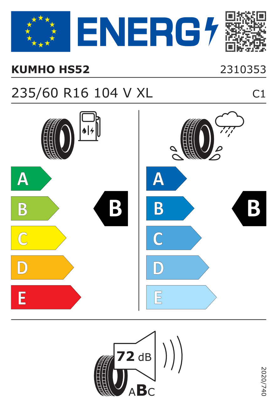 KUMHO HS52 XL 235/60 R16 104V - европейски етикет
