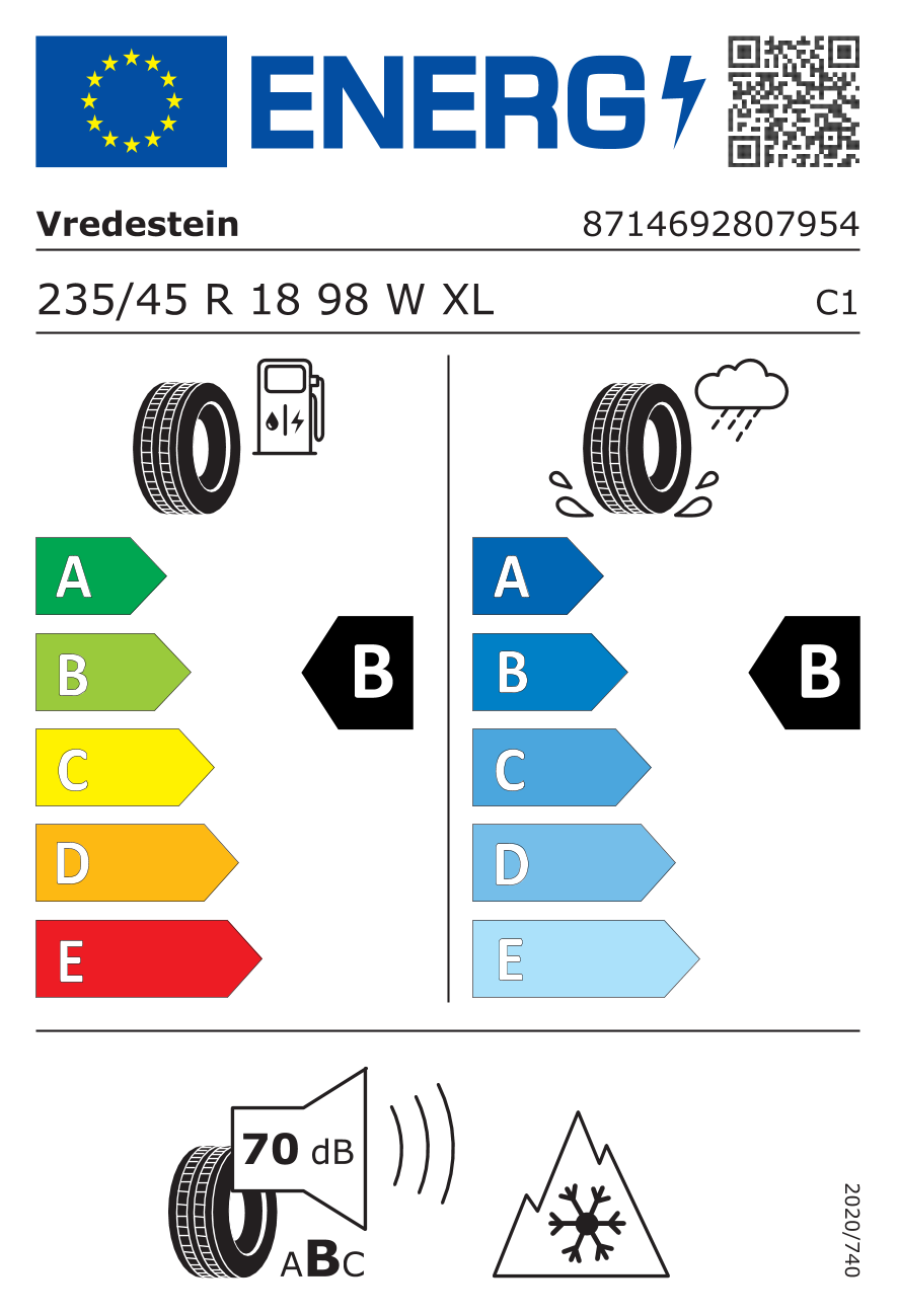 VREDESTEIN QUATRAC PRO XL EV 235/45 R18 98W - европейски етикет