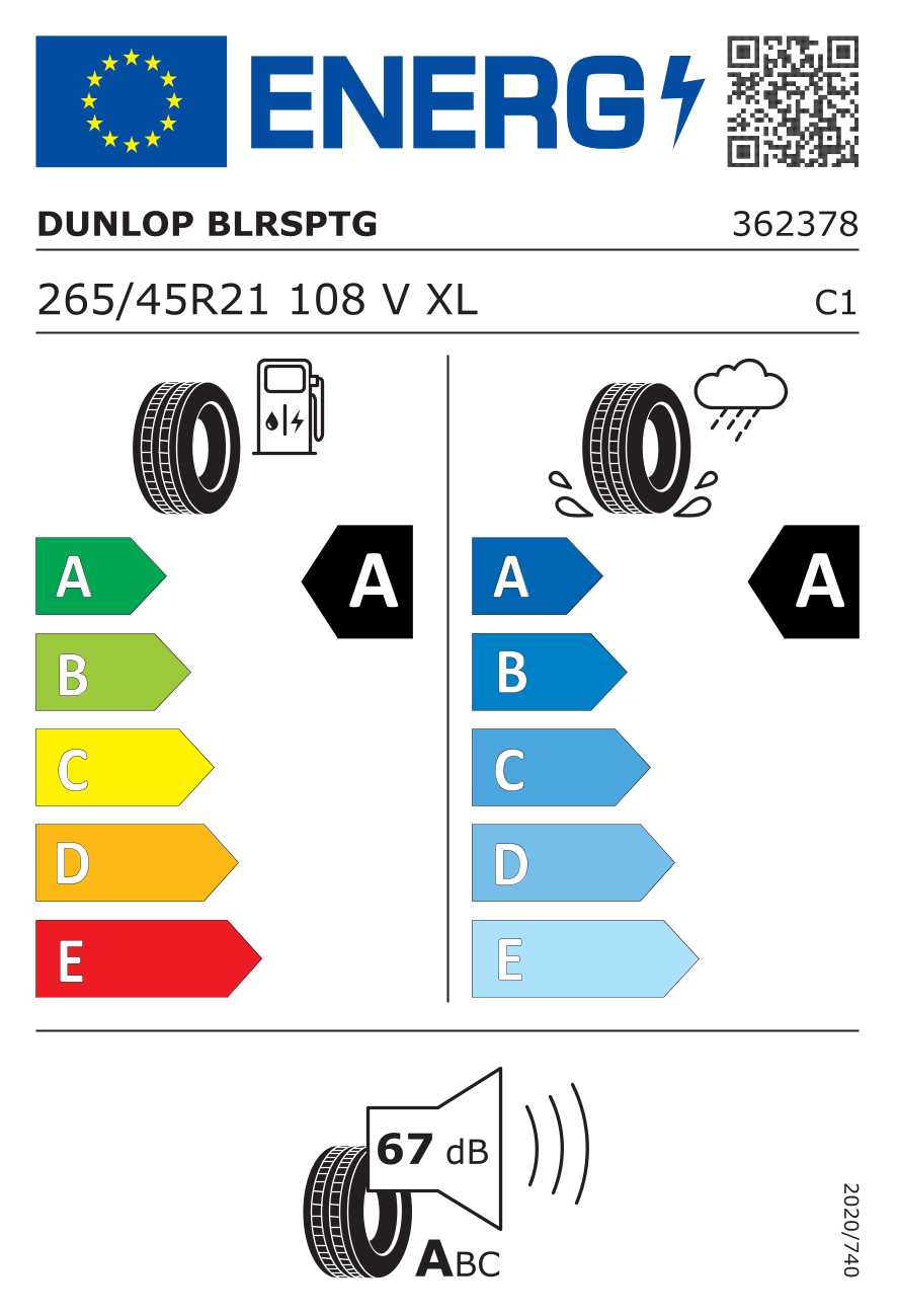 DUNLOP Blue Response TG BLK XL FP 265/45 R21 108V - европейски етикет