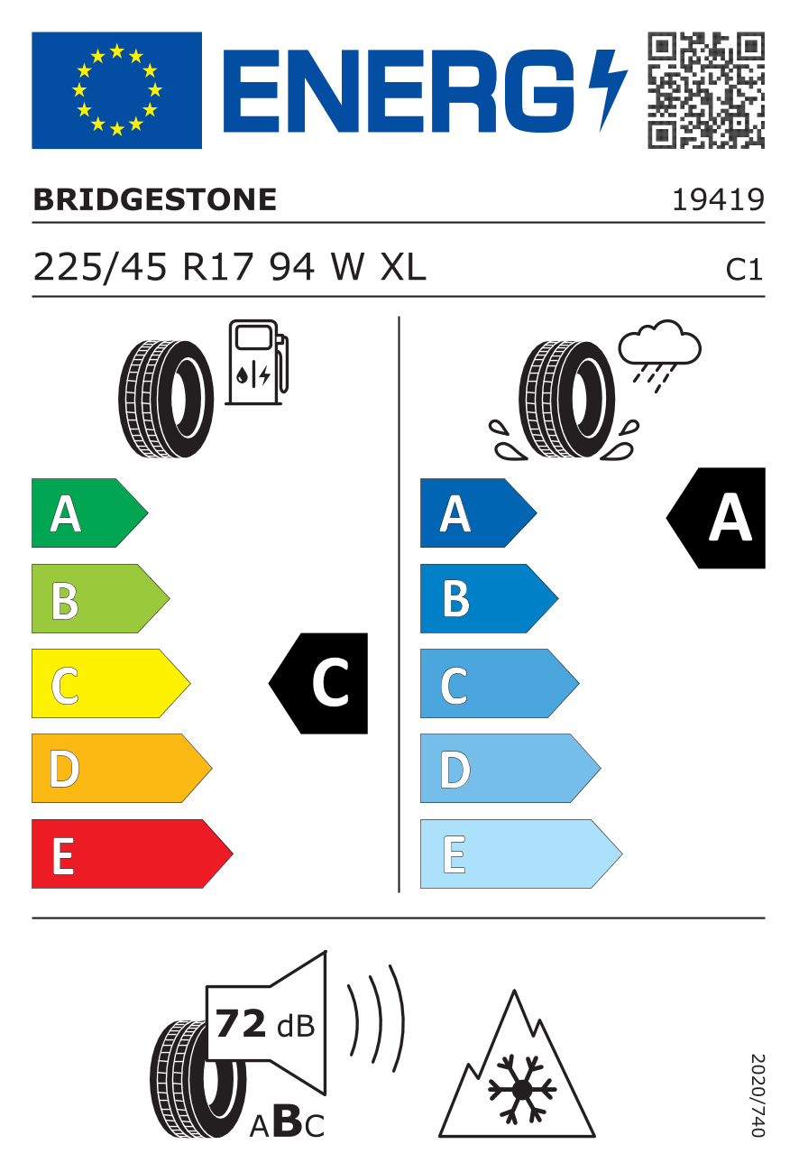 BRIDGESTONE A005 EVO DRIVEGUARD XL RFT 225/45 R17 94W - европейски етикет