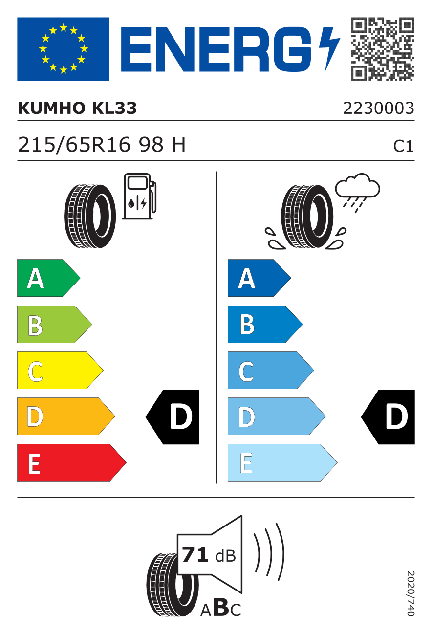KUMHO KL33 215/65 R16 98H - европейски етикет