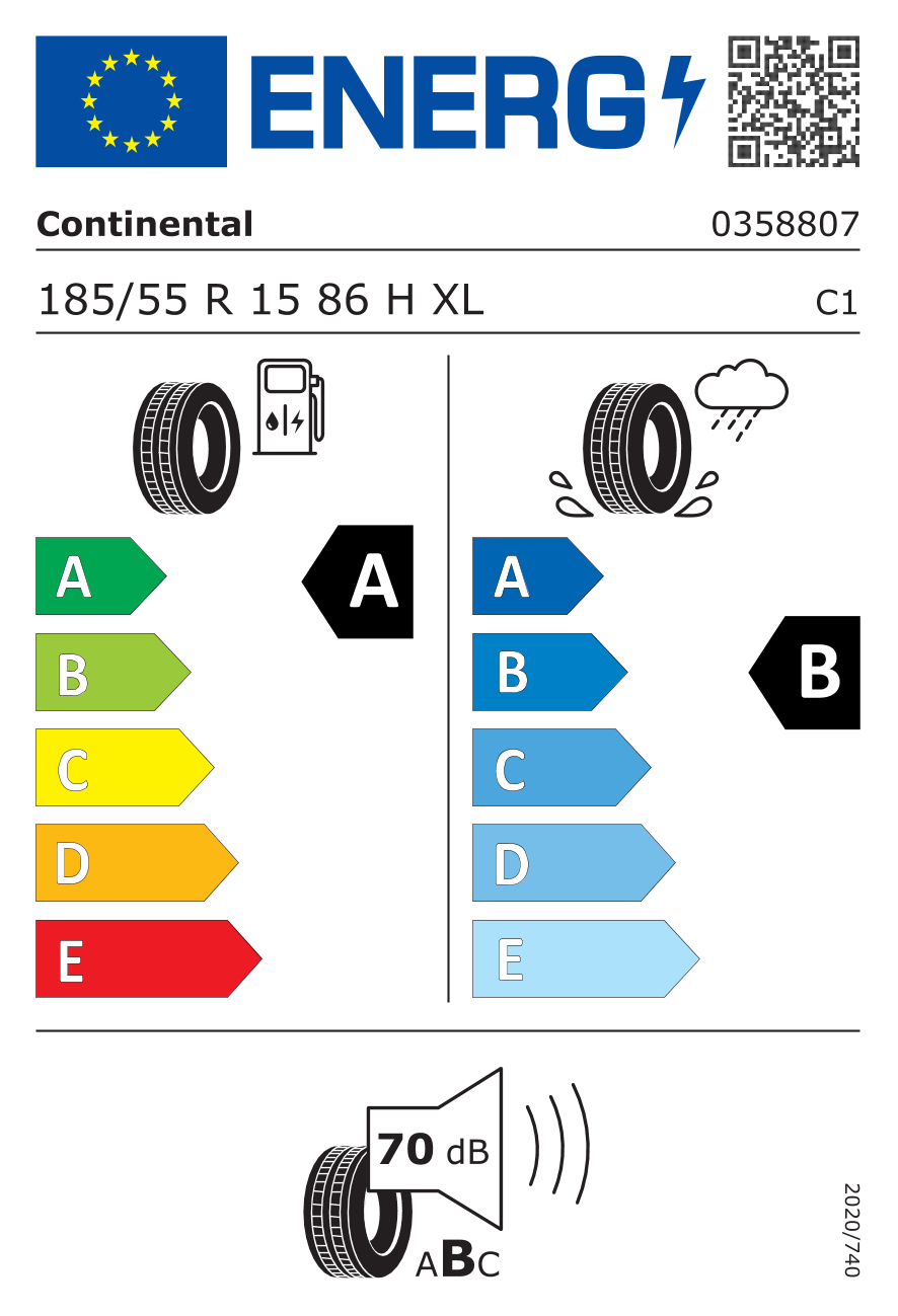 CONTINENTAL ECOCONTACT 6 XL EV 185/55 R15 86H - европейски етикет