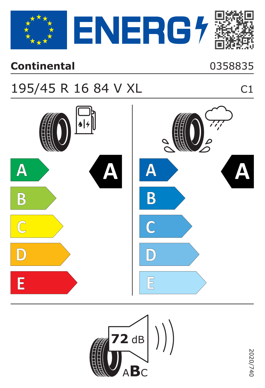 CONTINENTAL ECOCONTACT 6 XL 195/45 R16 84V - европейски етикет