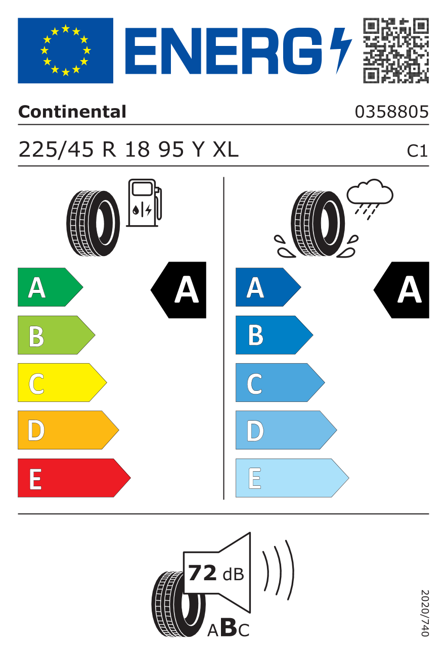 CONTINENTAL ECOCONTACT 6 XL EV 225/45 R18 95Y - европейски етикет