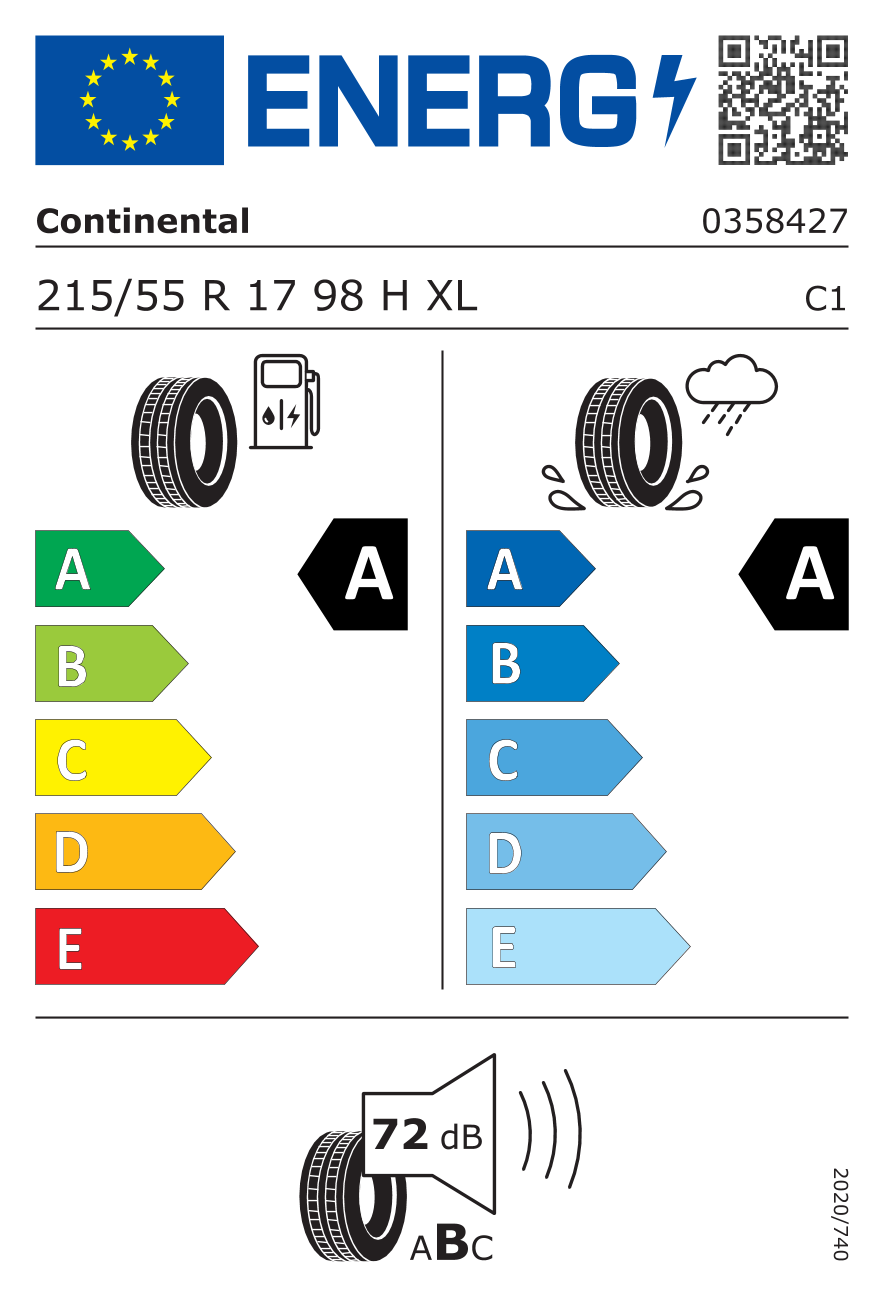 CONTINENTAL ECOCONTACT 6 XL EV 215/55 R17 98H - европейски етикет