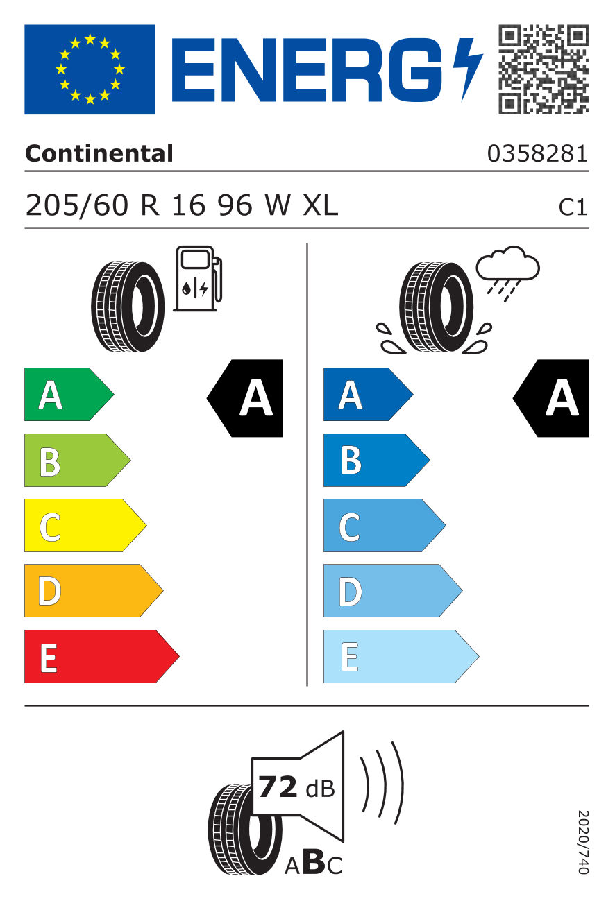 CONTINENTAL ECOCONTACT 6 XL 205/60 R16 96W - европейски етикет