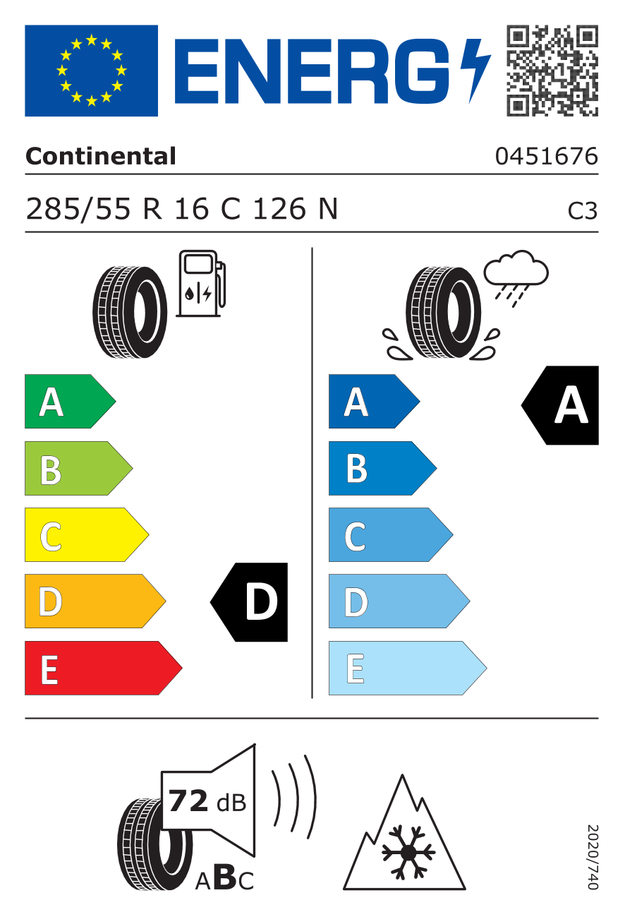 CONTINENTAL VANCONTACT 4SEASON 285/55 R16 126N - европейски етикет