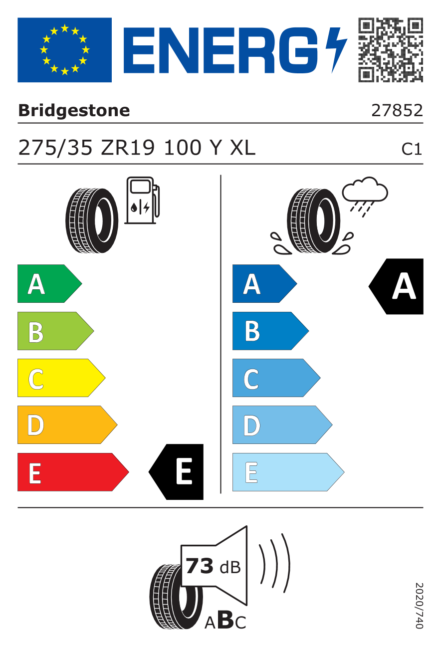 BRIDGESTONE POTSPORTX XL 275/35 R19 100Y - европейски етикет